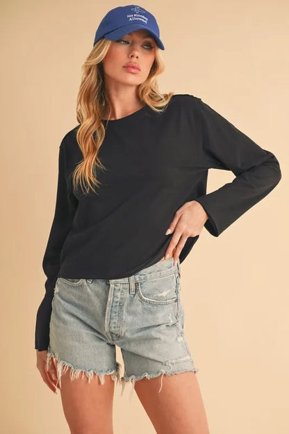 BLACK Lightweight Round Neck Long Sleeve Cotton Top | Trendy Tops Outfit Idea for Women by Ro + Ivy | Elevated Basics, Modern Comfort & Style