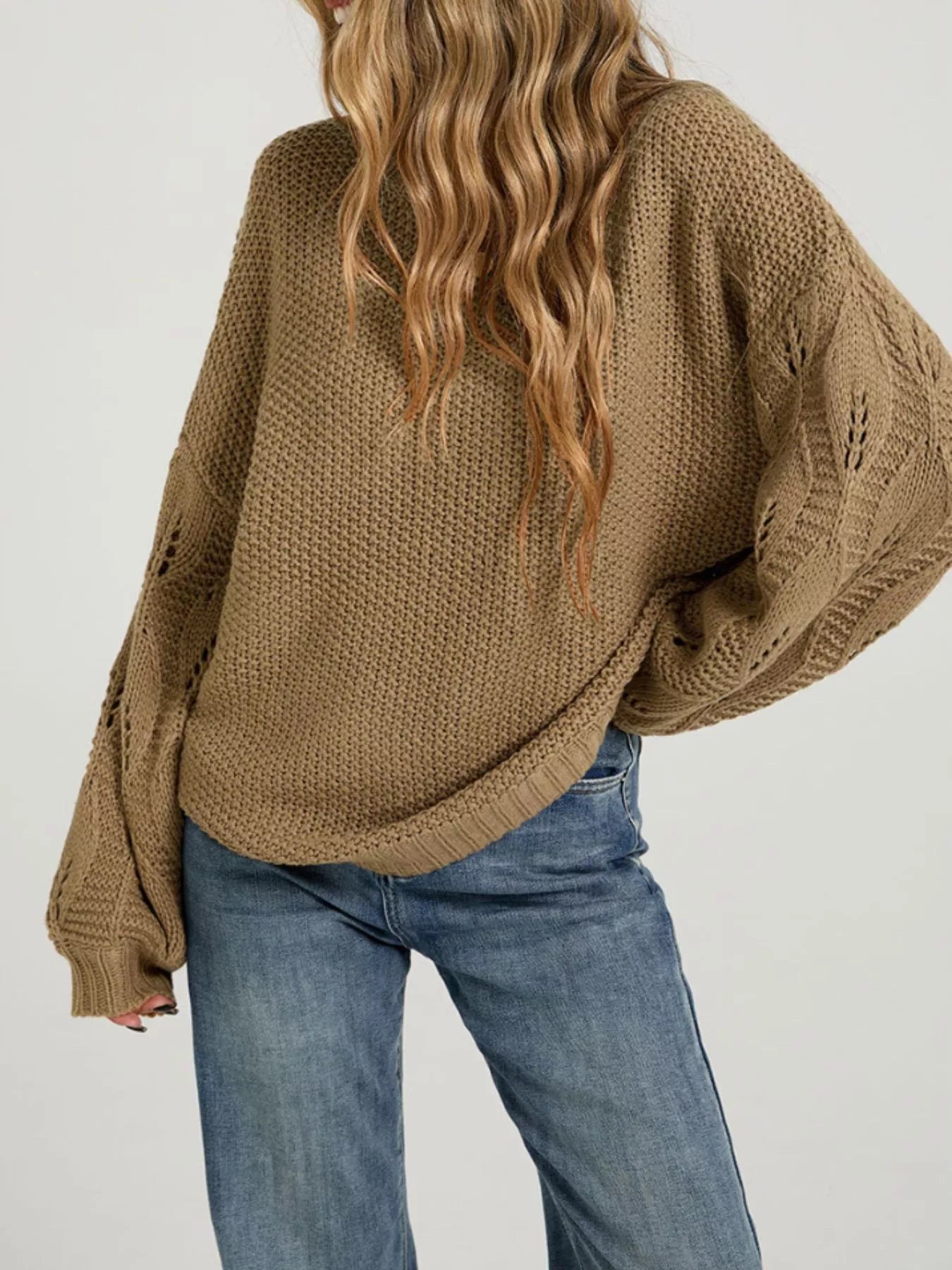 Textured Knit Openwork Sleeves Sweater Khaki