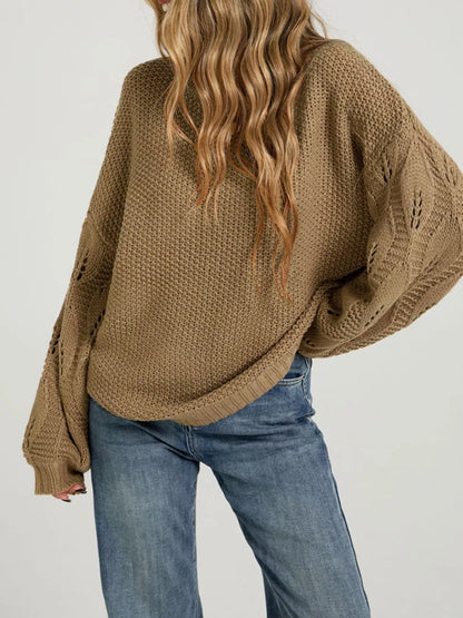 Textured Knit Openwork Sleeves Sweater Khaki
