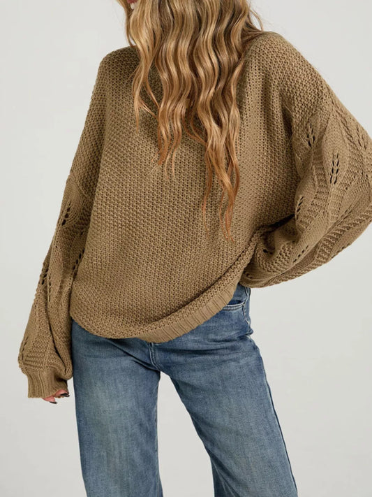 Textured Knit Openwork Sleeves Sweater Khaki