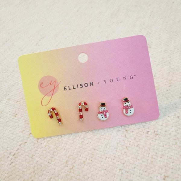 Holiday Candy Cane & Snowman Stud Earring Set Of 2 | Trendy Earrings Outfit Idea for Women by Ro + Ivy | Elevated Basics, Modern Comfort & Style