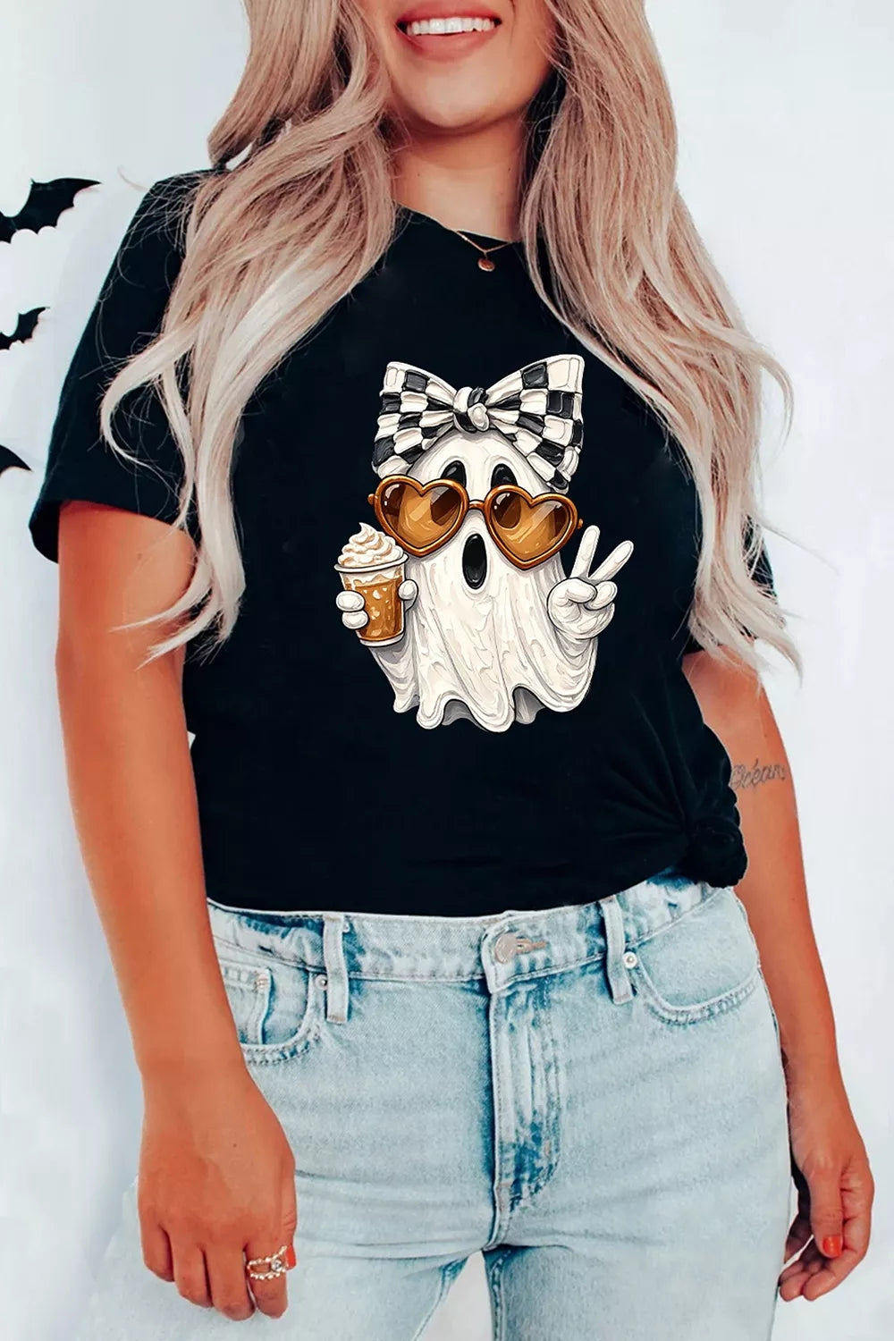 Halloween Checkered Bow Ghost Short Sleeve T-Shirt