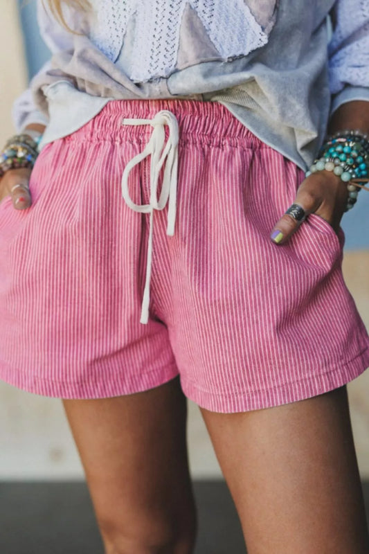 Women's Striped Elastic Waist Shorts Pink