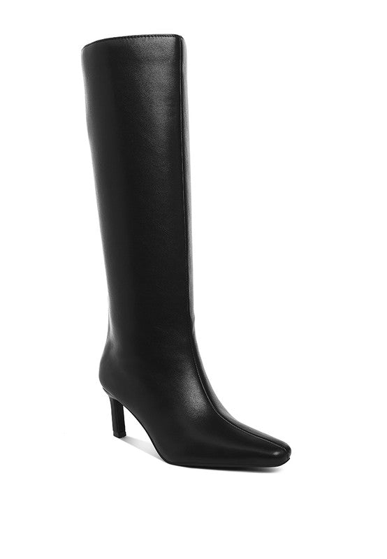Black Faux Leather 3 Inch Snip Toe Heel Knee High Boots | Trendy Boots Outfit Idea for Women by Ro + Ivy | Elevated Basics, Modern Comfort & Style