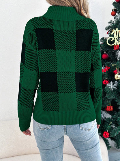 Christmas Plaid Long-Sleeve Turtleneck Knit Sweater