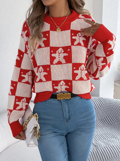 Christmas Checkerboard Gingerbread Print Round Neck Sweater