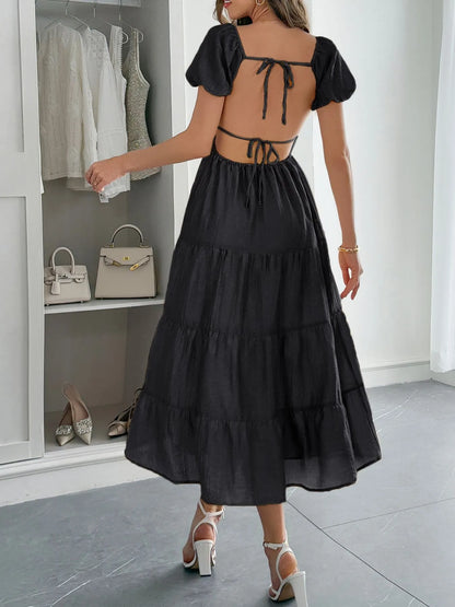 Scoop Neck Backless Tiered Puff Sleeve Midi Dress - Mini Dresses