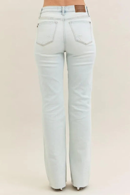 Distressed Fray Hem Bootcut Jeans | Trendy Jeans Outfit Idea for Women by Ro + Ivy | Elevated Basics, Modern Comfort & Style