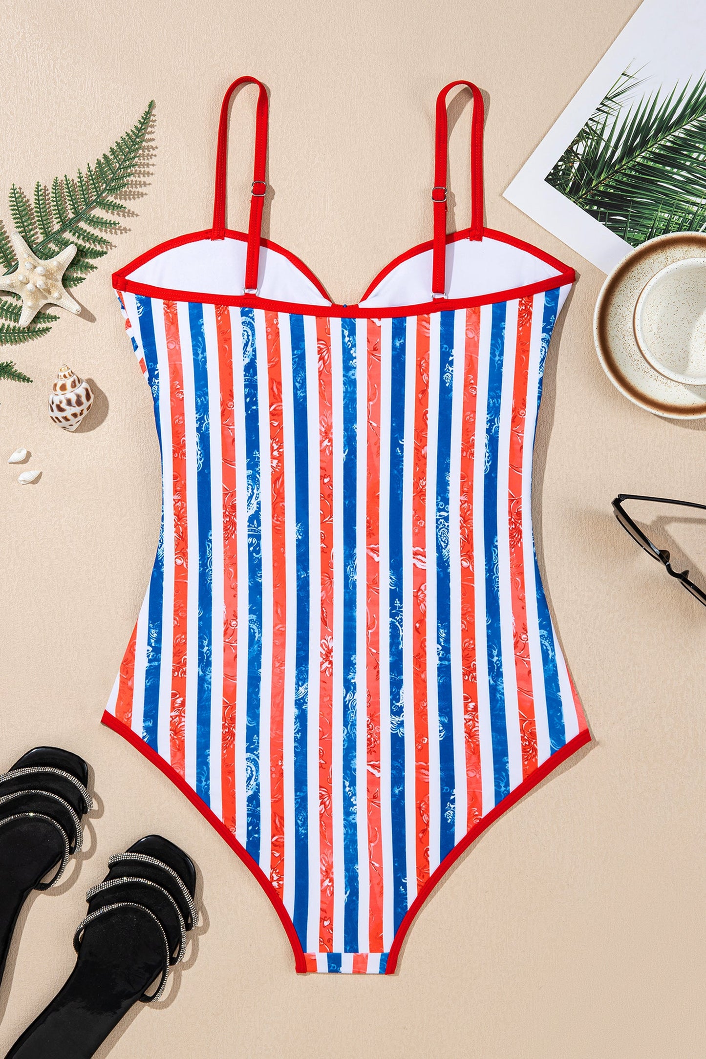 Americana Stars & Stripes Cutout Spaghetti Strap One-Piece Swimsuit — Patriotic Floral Accent Summery Style - One-Piece Swimsuits