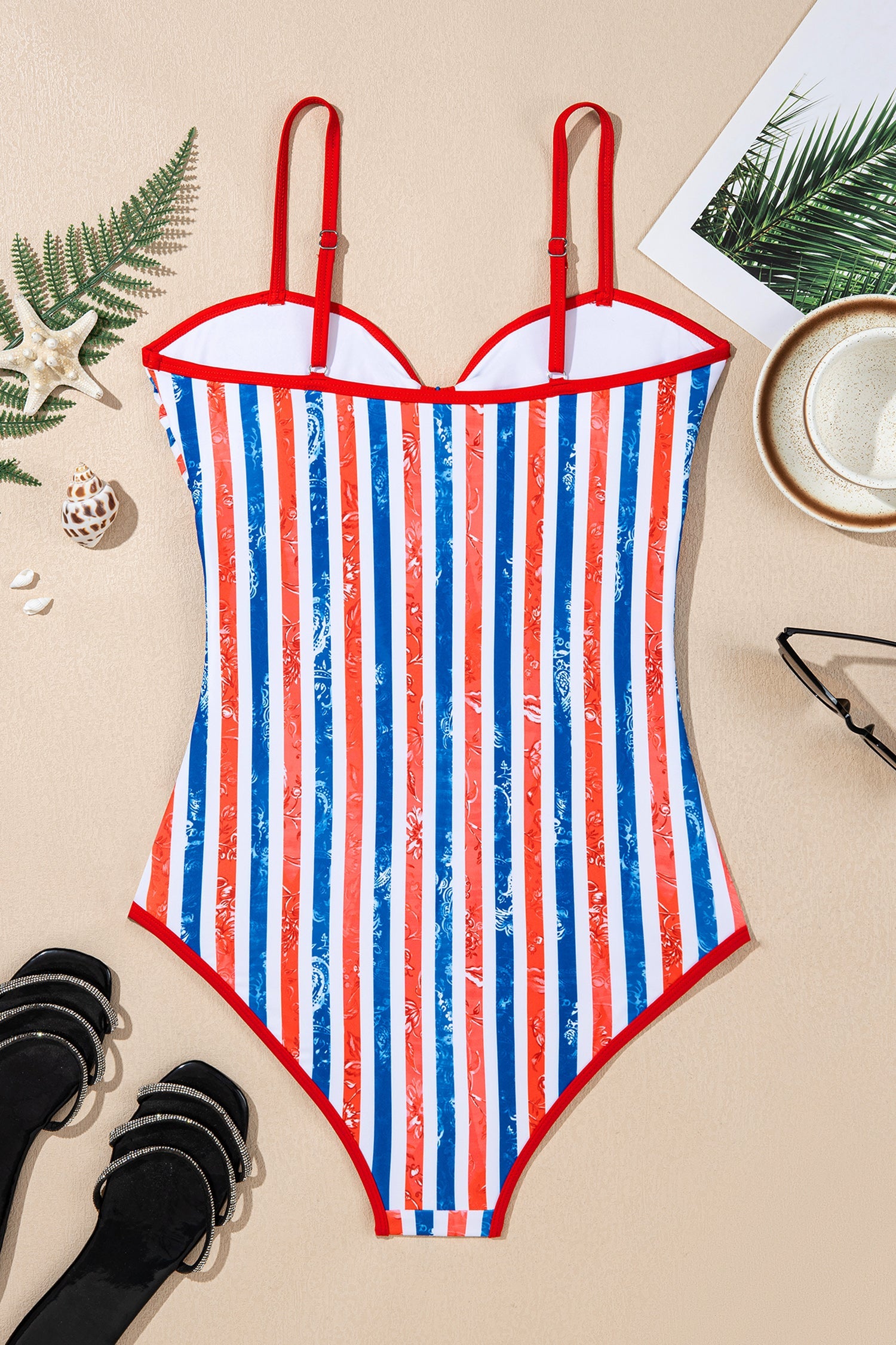Americana Stars & Stripes Cutout Spaghetti Strap One-Piece Swimsuit — Patriotic Floral Accent Summery Style - One-Piece Swimsuits