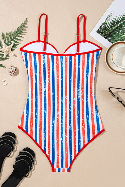 Americana Stars & Stripes Cutout Spaghetti Strap One-Piece Swimsuit — Patriotic Floral Accent Summery Style - One-Piece Swimsuits