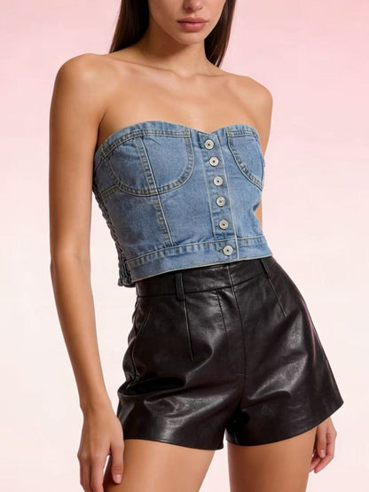 Button-Front Denim Tube Top - Tops