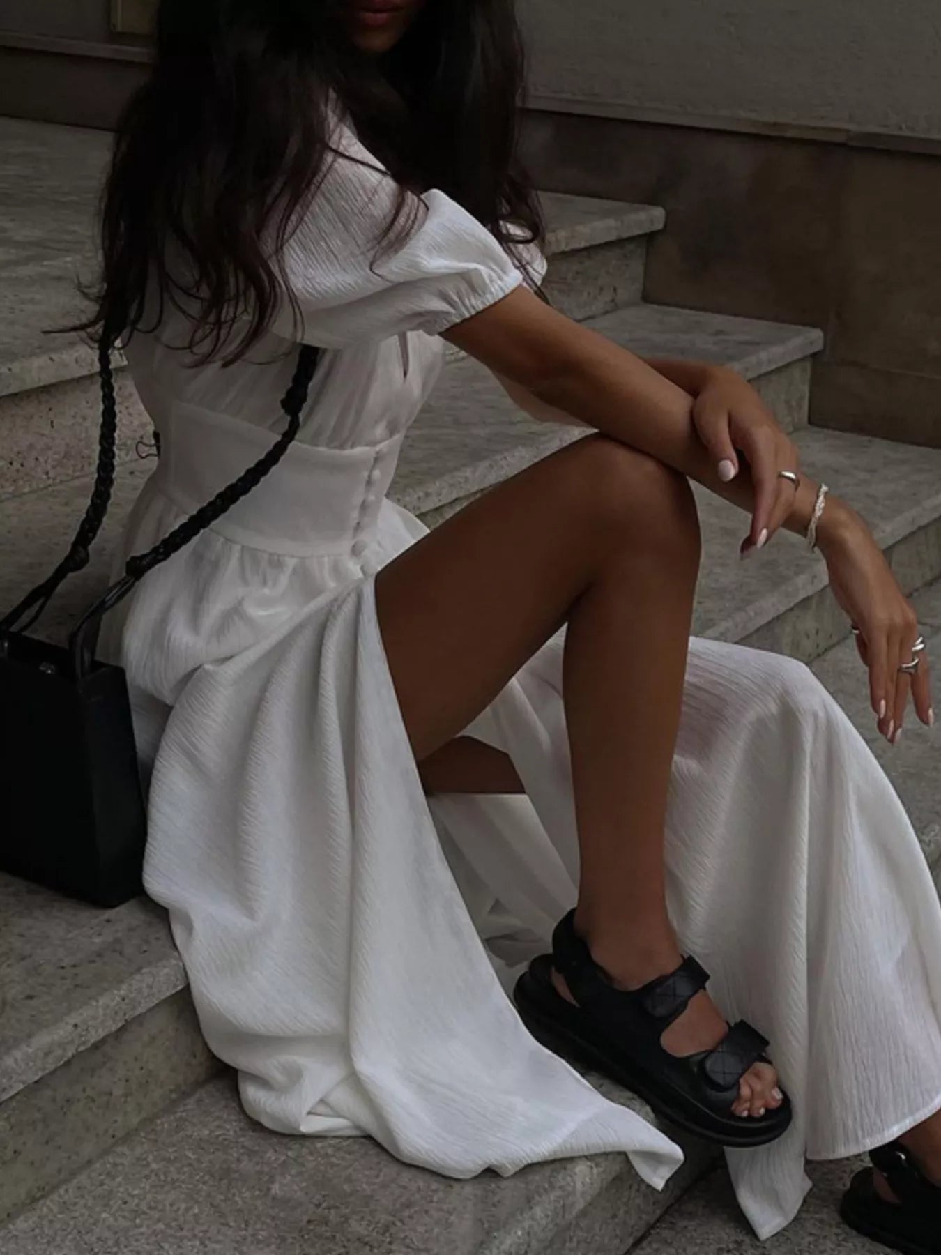 Women's Slit Puff Sleeve Maxi Dress - Maxi Dresses