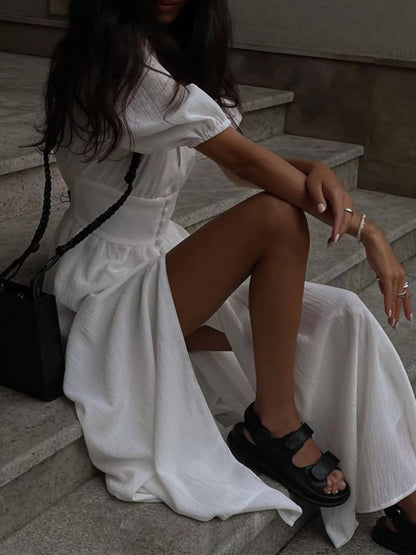 Women's Slit Puff Sleeve Maxi Dress - Maxi Dresses