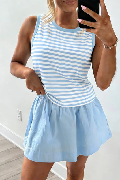 Women's Striped Slim Tank Contrast Ruffle Mini Skort Set - Matching Sets