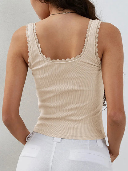 Lace Detail Square Neck Tank Top Tan