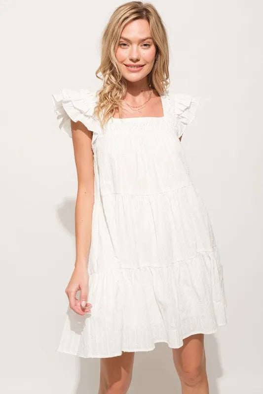 Origami Pleating Ruffled Sleeve Tiered Mini Dress – Off White outfit idea for women | Ro + Ivy