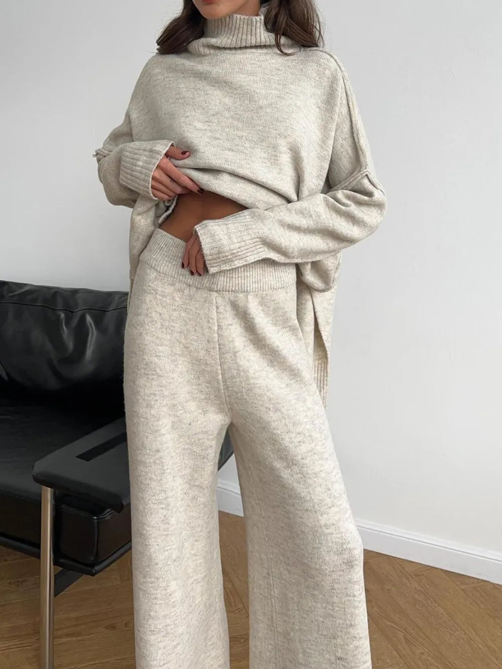 Long Sleeve Turtleneck Top with Slit and Pants Loungewear Set - Loungewear Sets