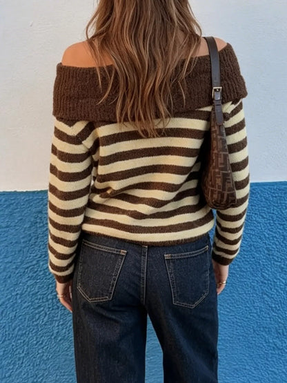 Off-Shoulder Striped Ribbed Knit Top with Long Sleeves
