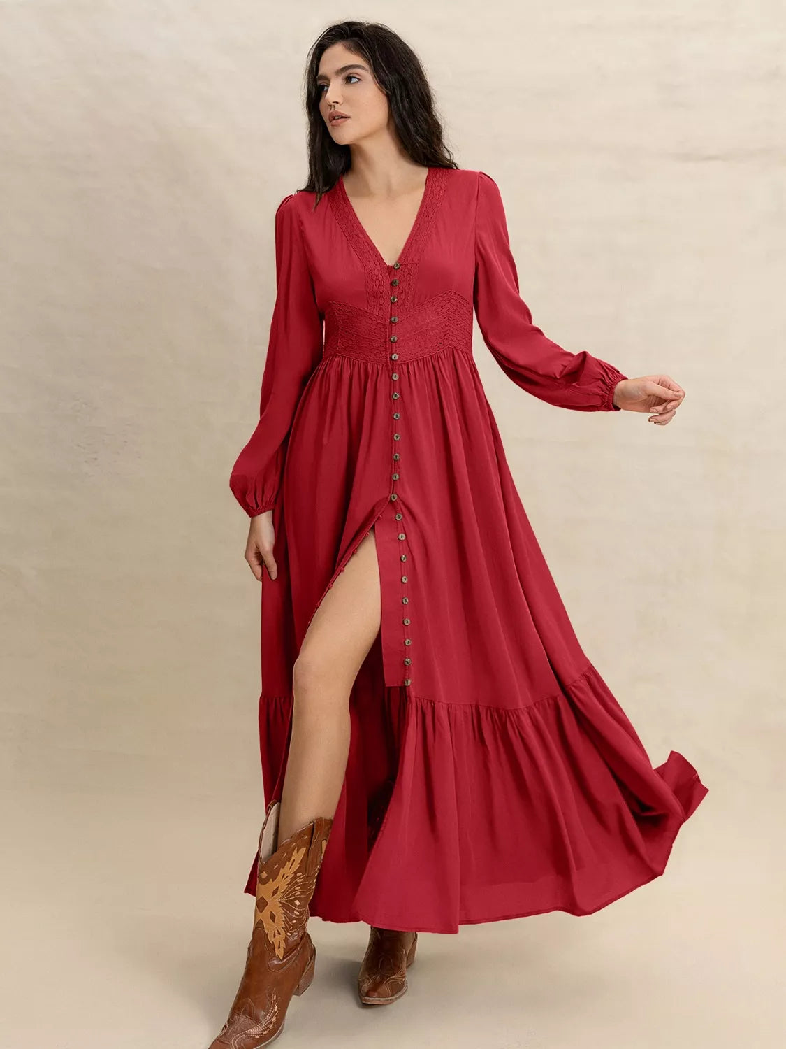Women's Flowy V-Neck Balloon Sleeve Ruffled Hem Maxi Dress - Maxi Dresses