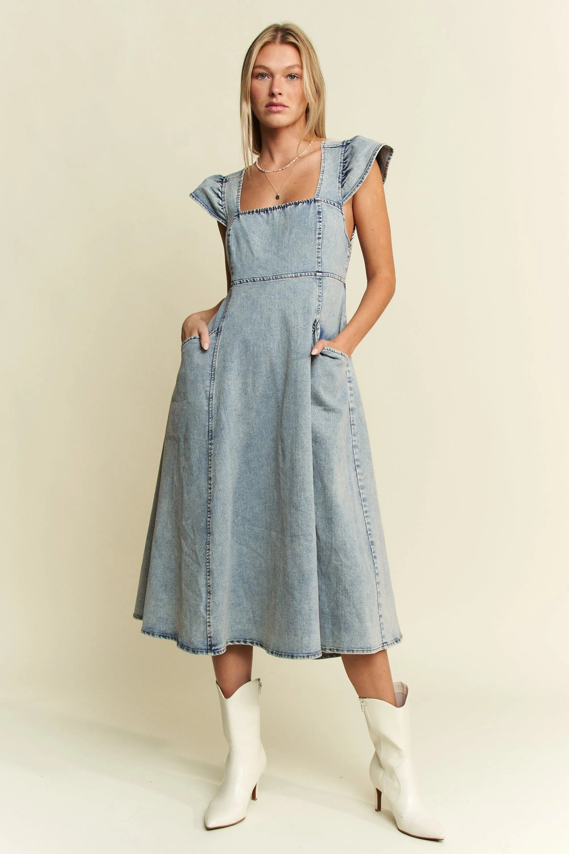 Ruffled Denim Blue Midi Dress – outfit idea for women | Ro + Ivy