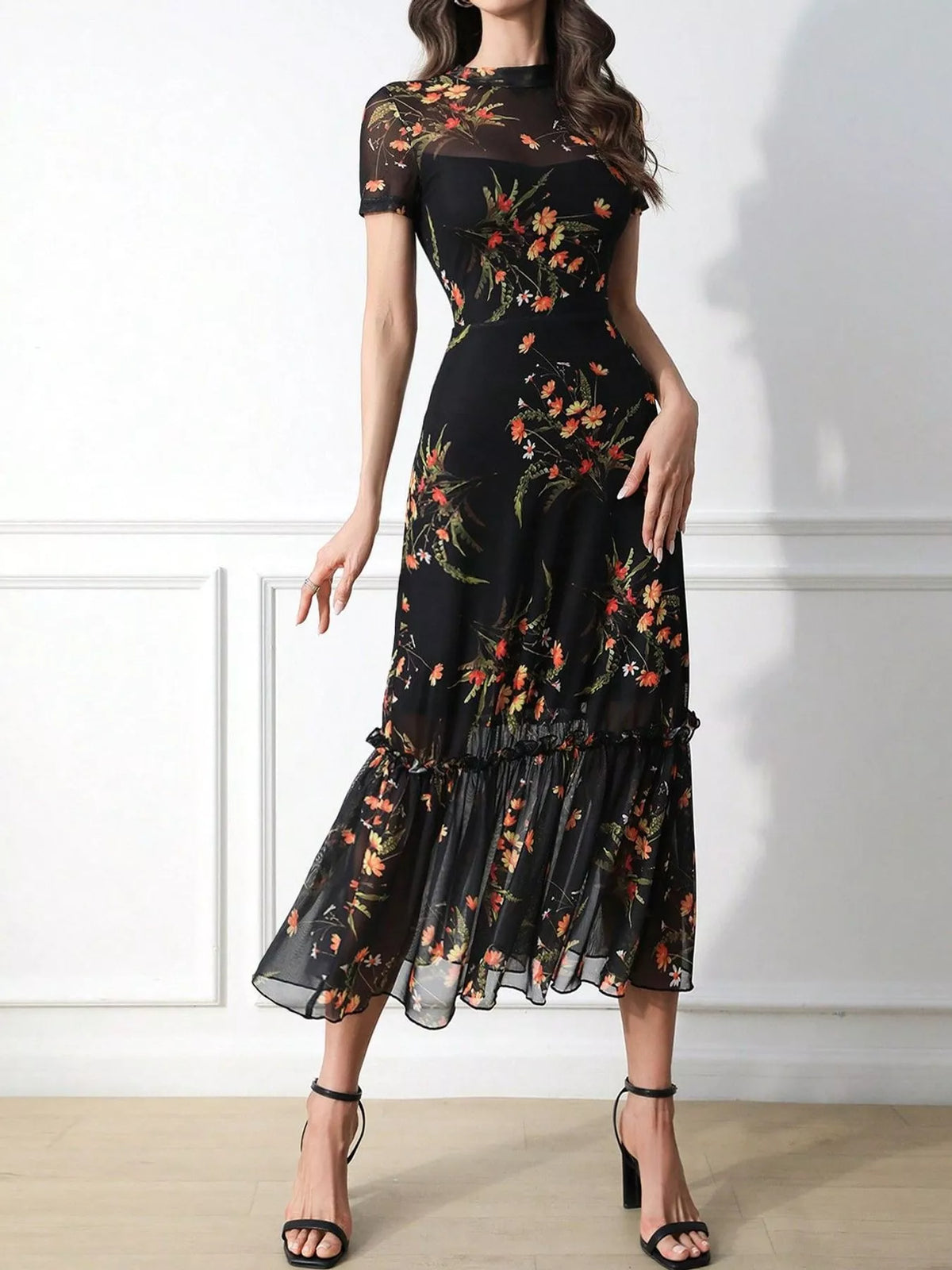 Floral Print Bodycon Midi Dress with Sheer Overlay and Ruffle Hem Black