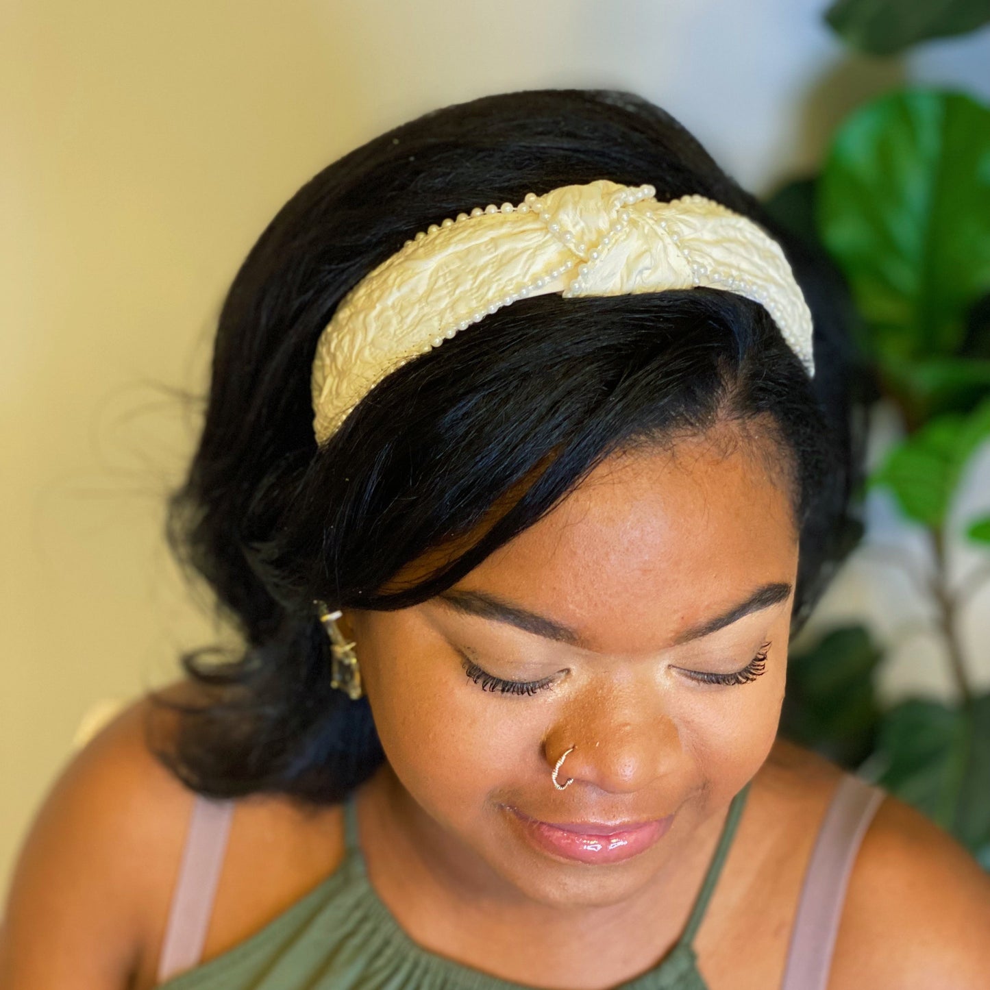 Knotted Pearl Embellished Headband — Embossed Fabric Structured Fit - Headbands