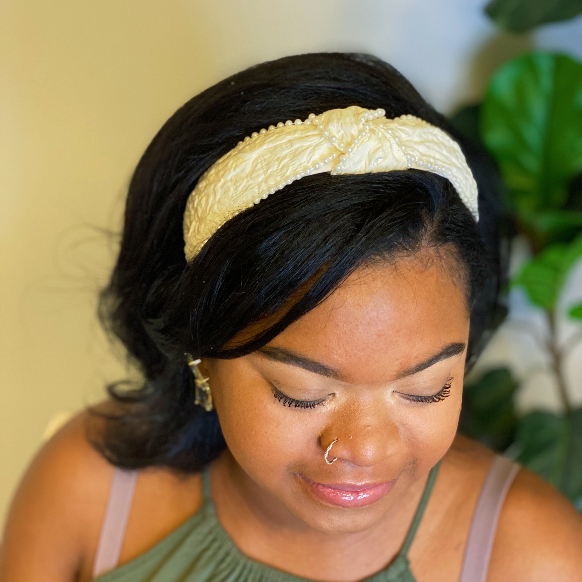 Knotted Pearl Embellished Headband — Embossed Fabric Structured Fit - Headbands