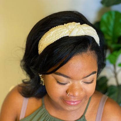Knotted Pearl Embellished Headband — Embossed Fabric Structured Fit - Headbands
