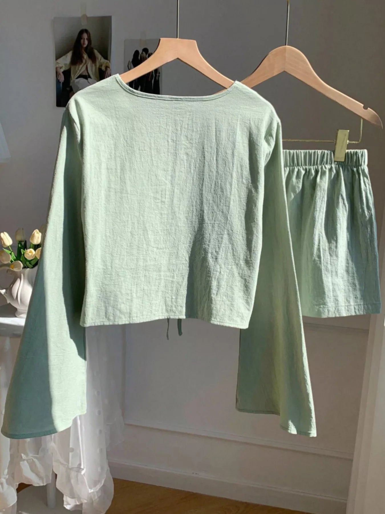 Women's Embroidered Tie Front Top and Shorts Set - Matching Sets