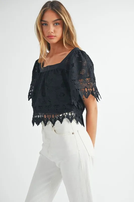 Square Neck Crochet Lace Top With Double Bow Tie – outfit idea for women | Ro + Ivy
