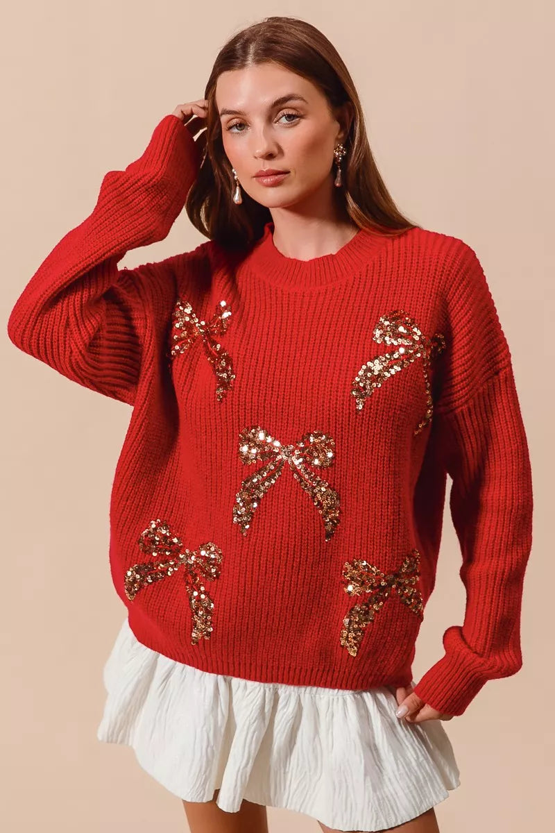 RED GOLD Christmas Holiday Ribbon Long Sleeve Sweater | Trendy Sweaters Outfit Idea for Women by Ro + Ivy | Elevated Basics, Modern Comfort & Style
