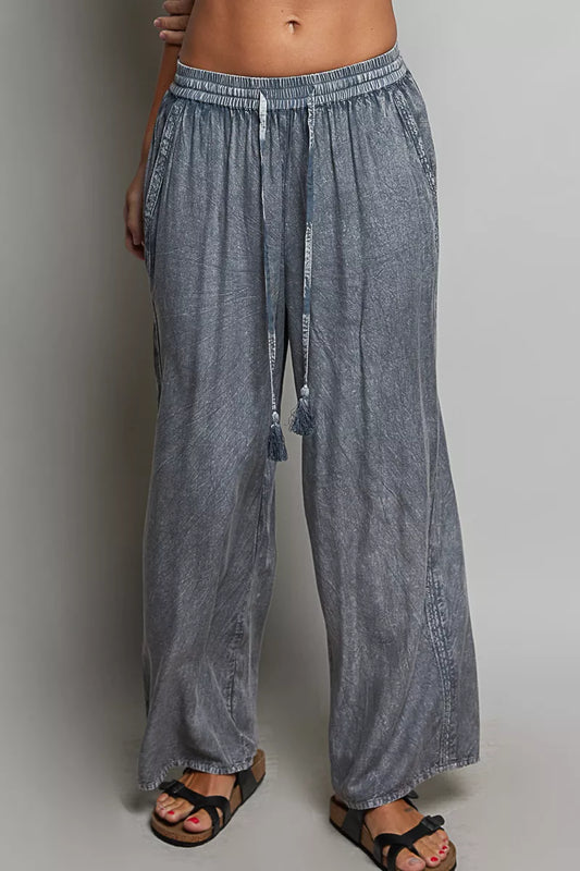 Women's Tassel Drawstring Embroidered Wide Leg Pants CHARCOAL