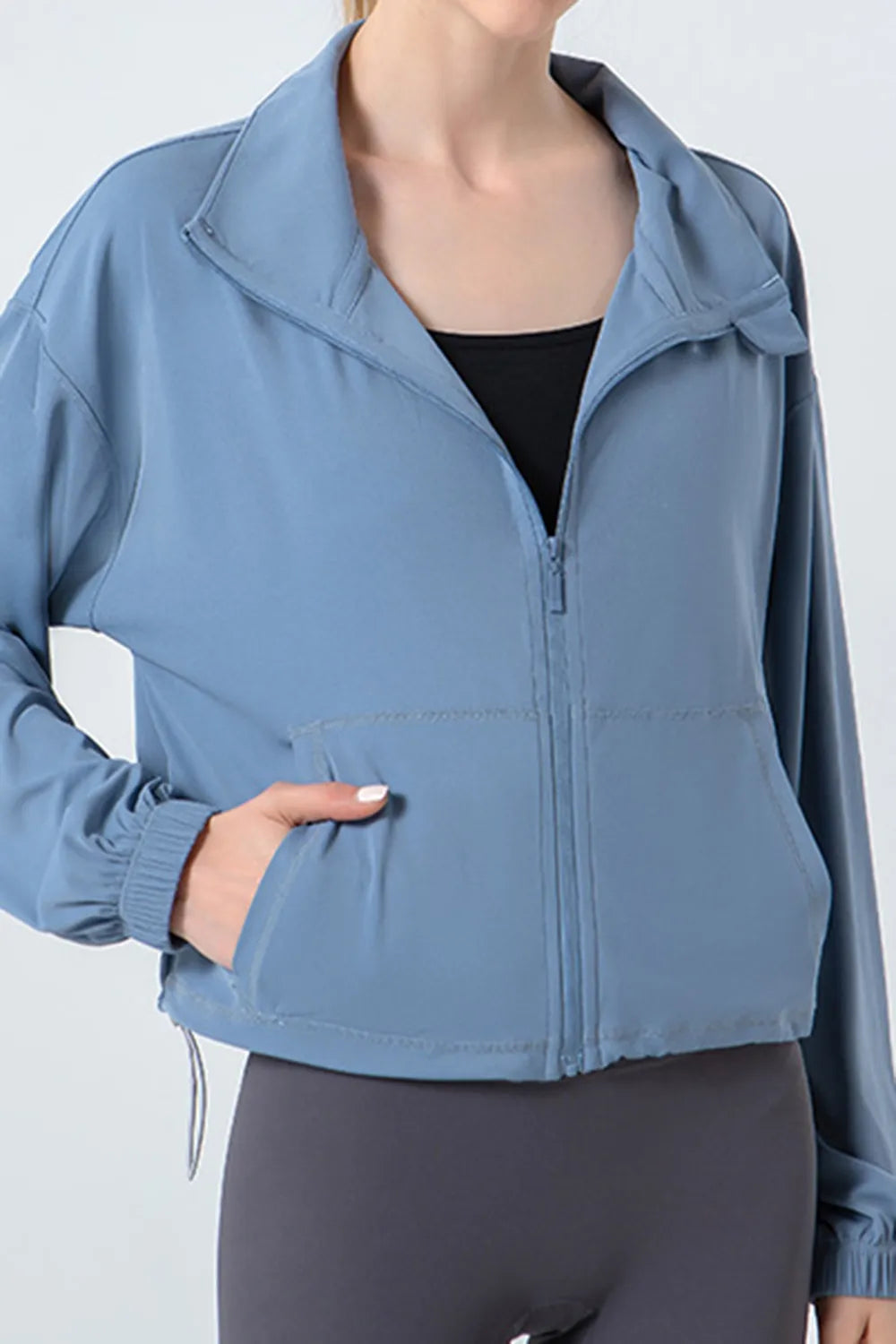 Side Drawstring Zip Up Dropped Shoulder Activewear Jacket Light Blue