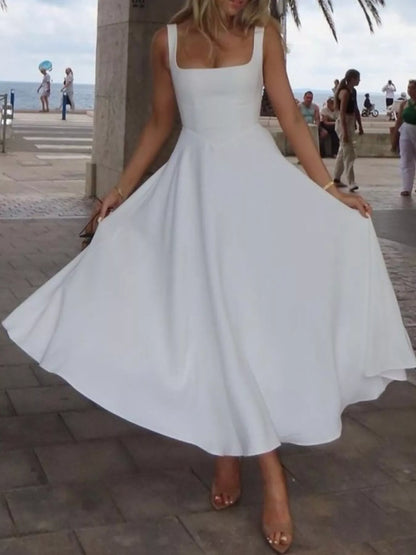 Women's Square Neck Wide Strap A-Line Midi Dress - Midi Dresses