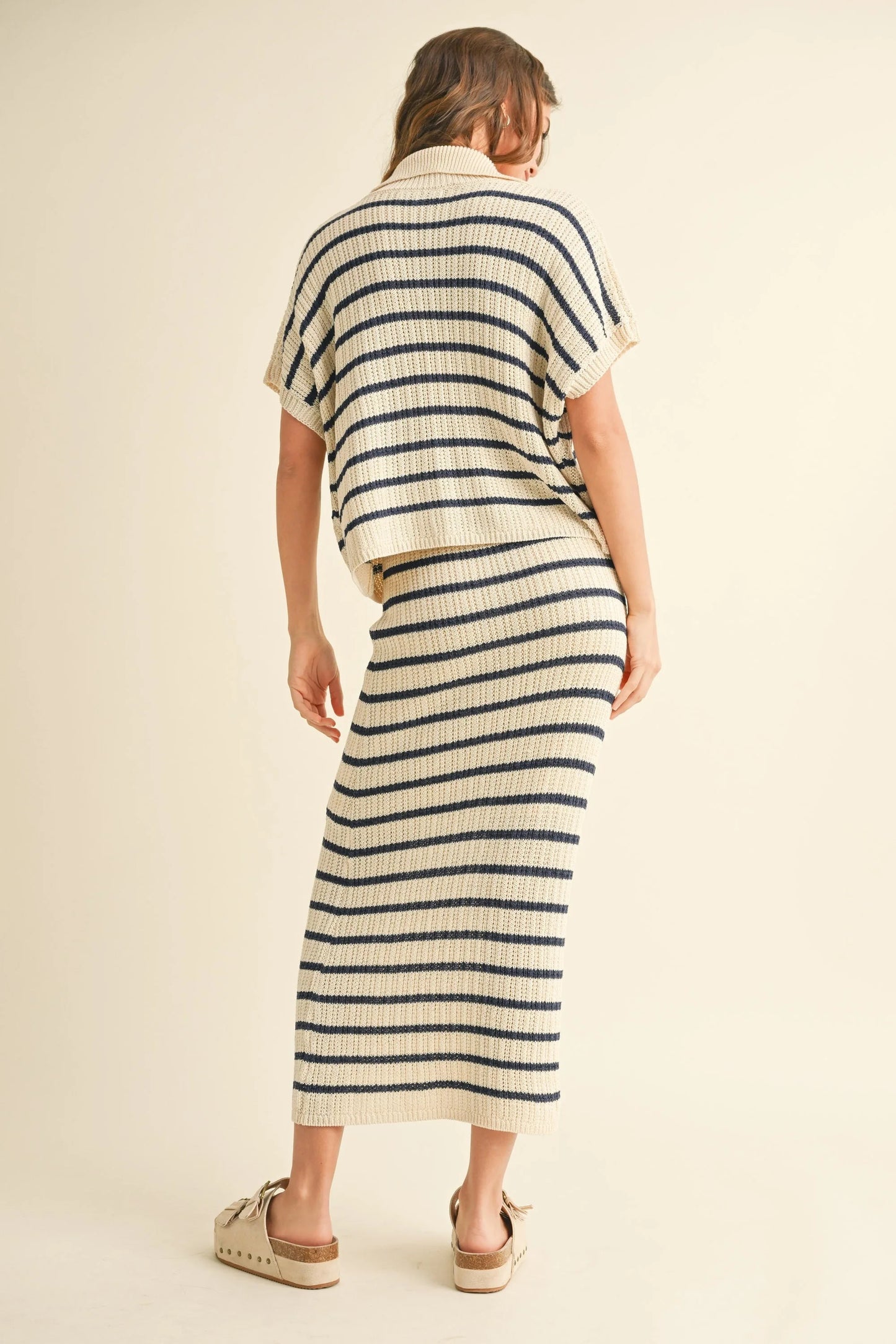 Striped Knit Pullover Top with Drawstring Collar - Knit Tops