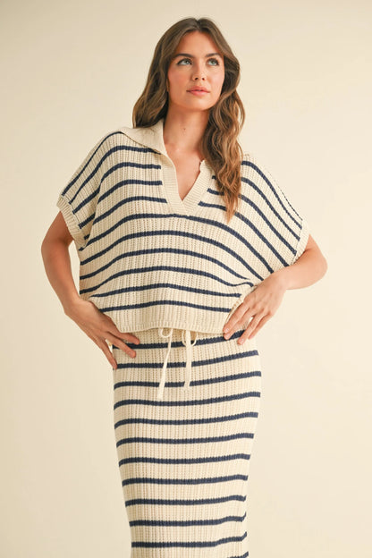 Striped Knit Pullover Top with Drawstring Collar - Knit Tops