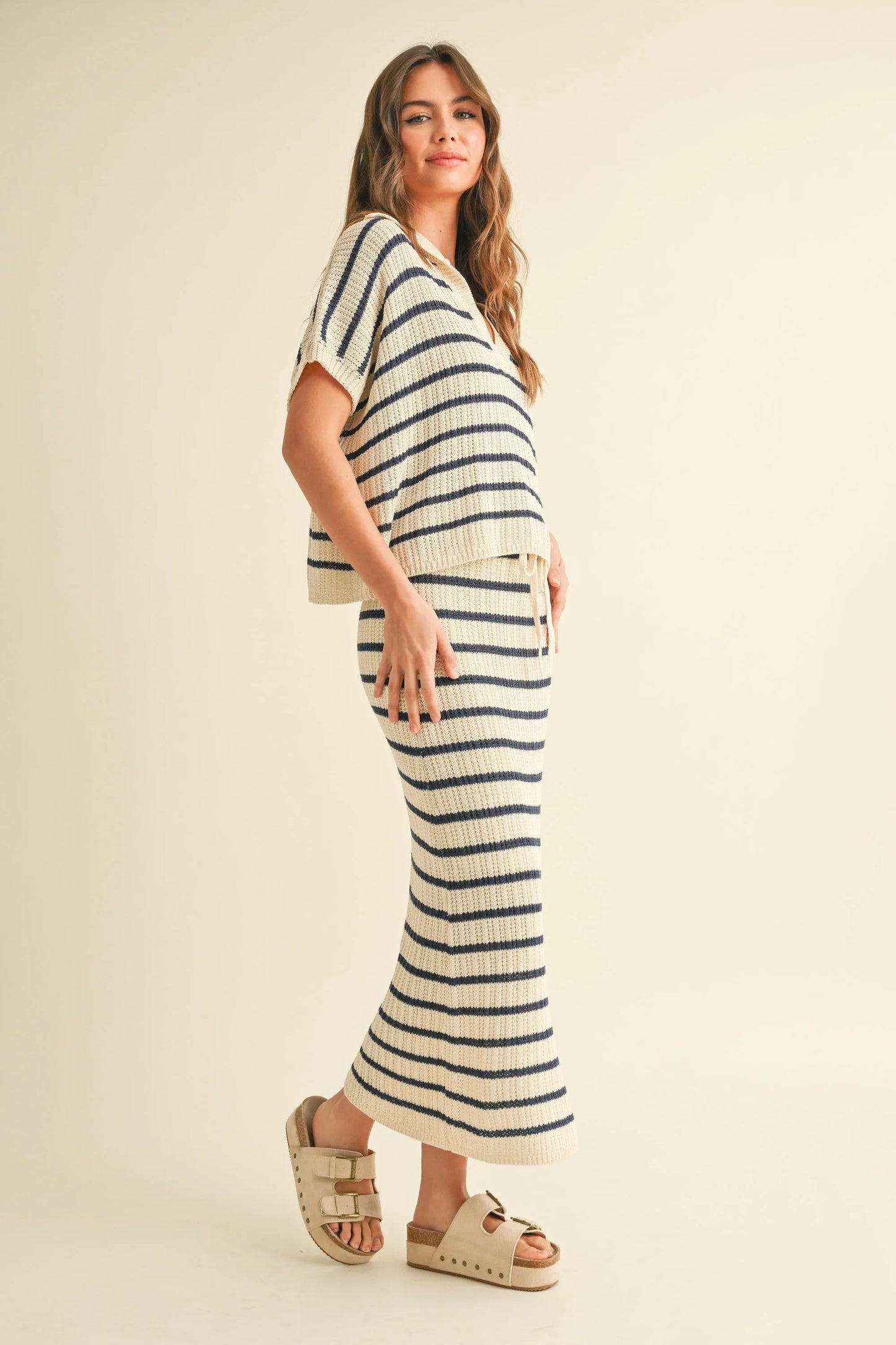 Striped Knit Pullover Top with Drawstring Collar - Knit Tops