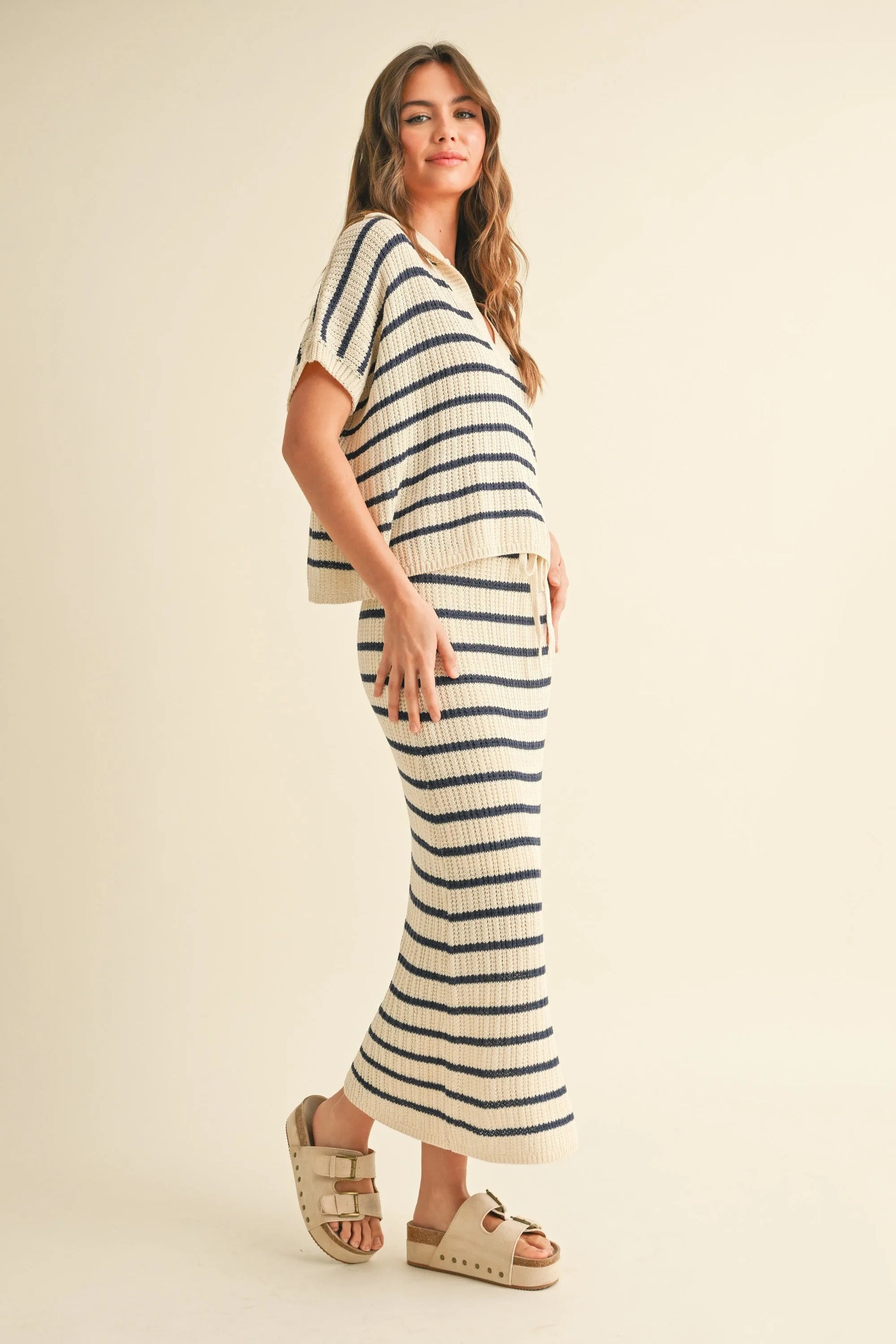 Striped Knit Pullover Top with Drawstring Collar - Knit Tops