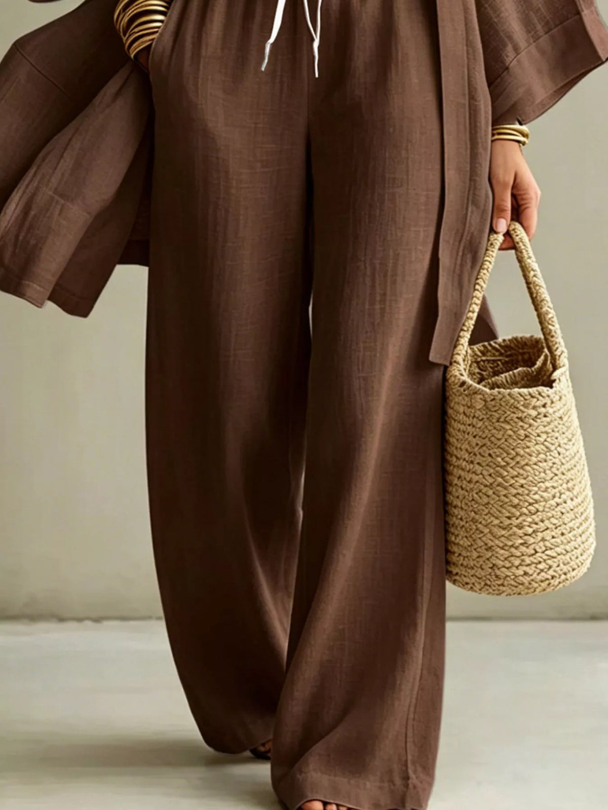 Three-Piece Lounge Set with V-Neck Top, Open Cardigan and Drawstring Pants
