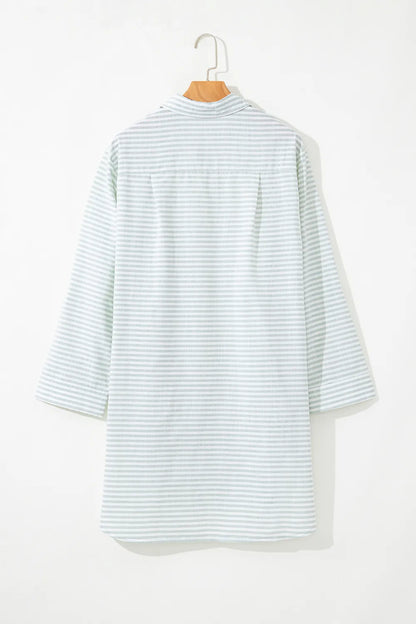 Striped Johnny Collar Long Sleeve Mini Shirt Dress - Mini Dresses
