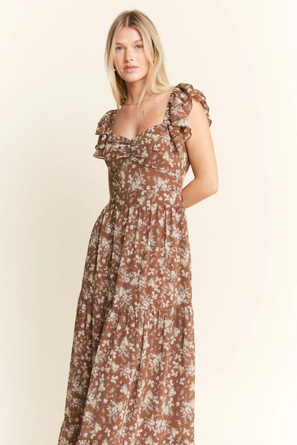 Ruffle Sleeve Tiered Maxi Dress in Mocha – outfit idea for women | Ro + Ivy
