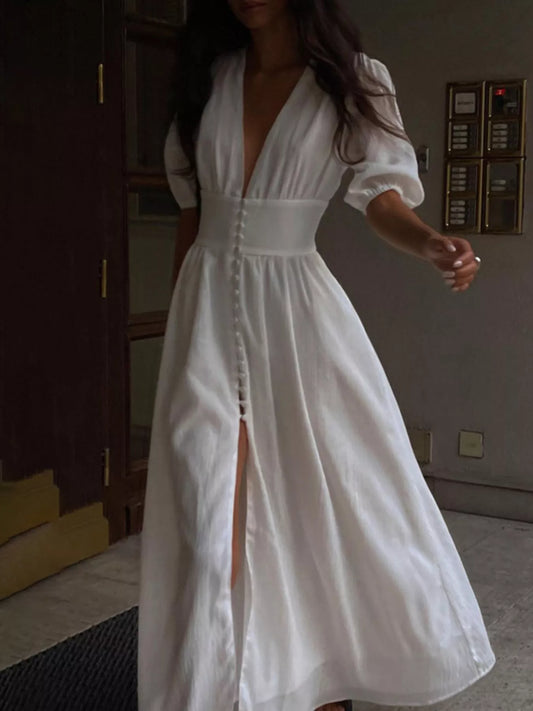 Women's Slit Puff Sleeve Maxi Dress White