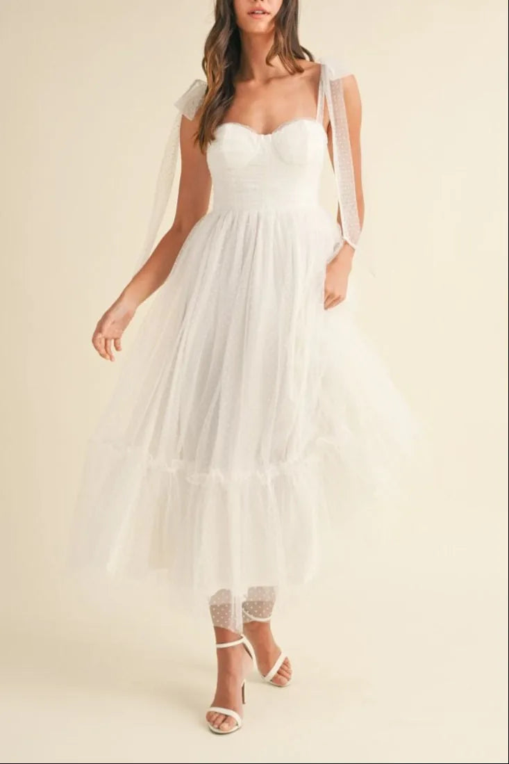Polka Dot Mesh Sweetheart Neckline Self-Tie Shoulder Midi Dress — Charming Flirty Feminine Style - Midi Dresses