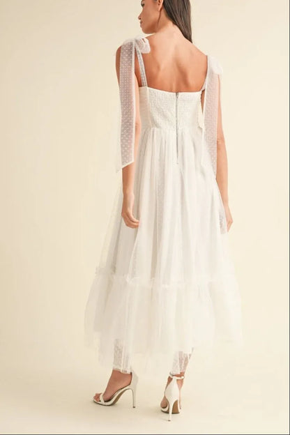 Polka Dot Mesh Sweetheart Neckline Self-Tie Shoulder Midi Dress — Charming Flirty Feminine Style - Midi Dresses