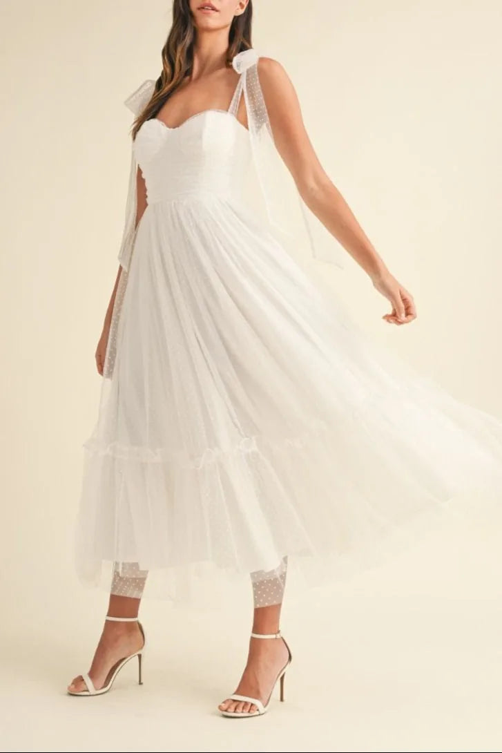 Polka Dot Mesh Sweetheart Neckline Self-Tie Shoulder Midi Dress — Charming Flirty Feminine Style - Midi Dresses
