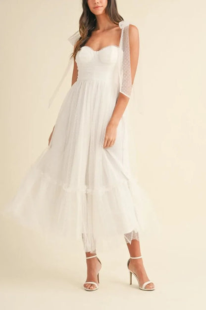 Polka Dot Mesh Sweetheart Neckline Self-Tie Shoulder Midi Dress — Charming Flirty Feminine Style - Midi Dresses