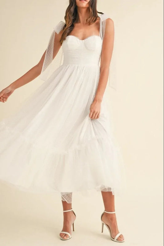 Polka Dot Mesh Sweetheart Neckline Self-Tie Shoulder Midi Dress — Charming Flirty Feminine Style - White Midi Dresses