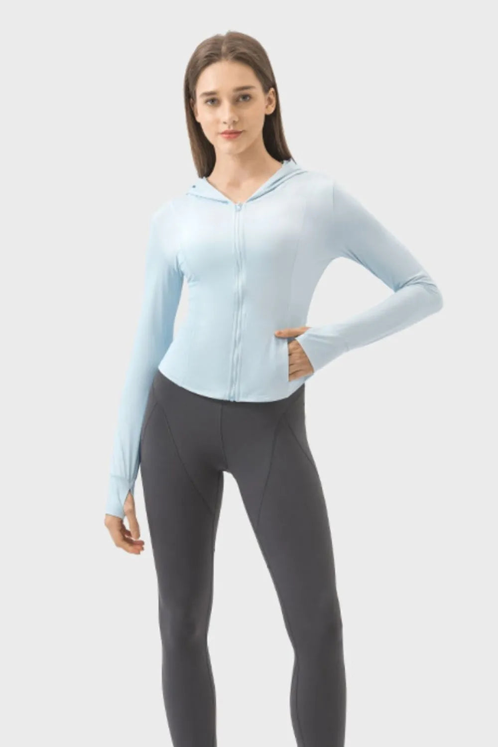 Hooded Zip Up Long Sleeve Activewear Jacket Light Blue