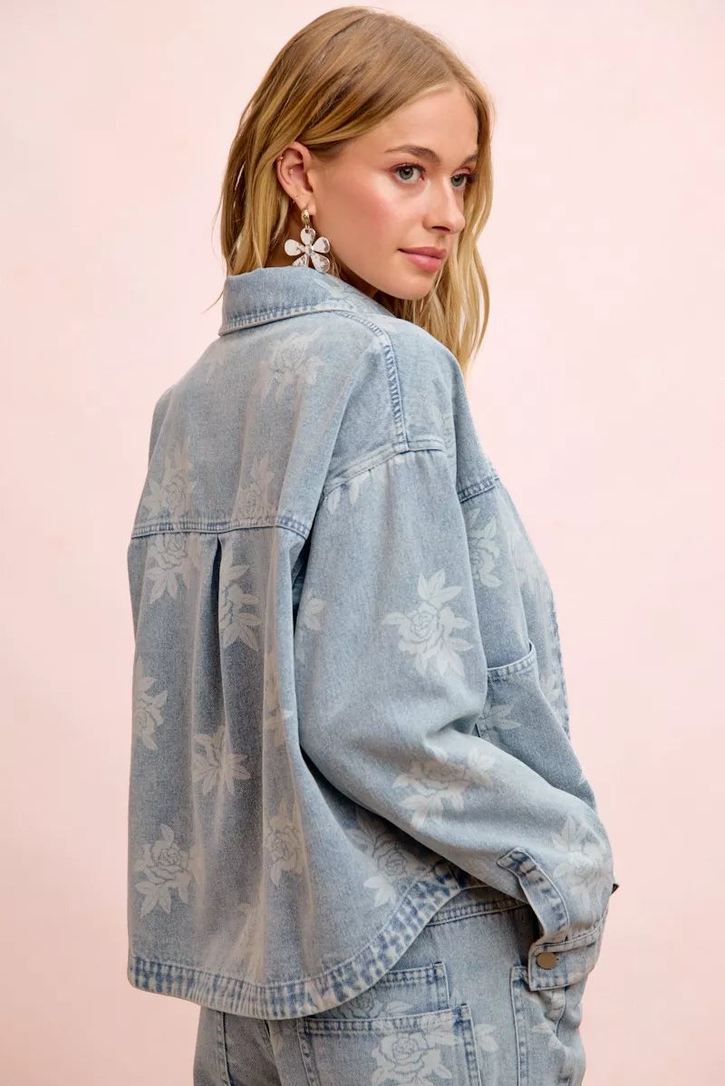 Women's Printed Washed Denim Jacket with Pocket - Jackets
